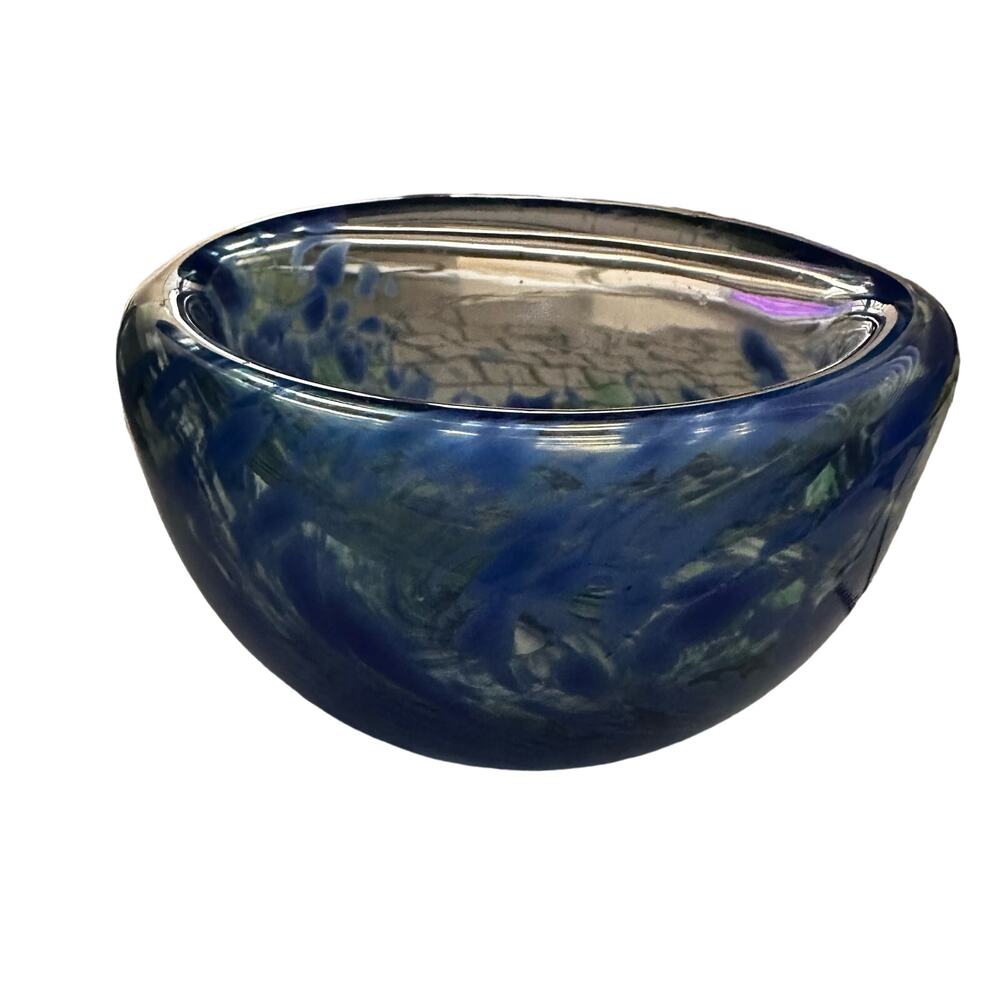 Murano inspo Hand Blown Art Glass Bowl Decorative Blue hints Green Jelly bean
